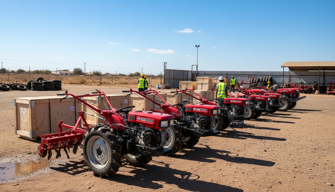 Matériel agricole neuf préparé pour livraison dans un dépôt africain — motoculteurs et tracteurs en caisses