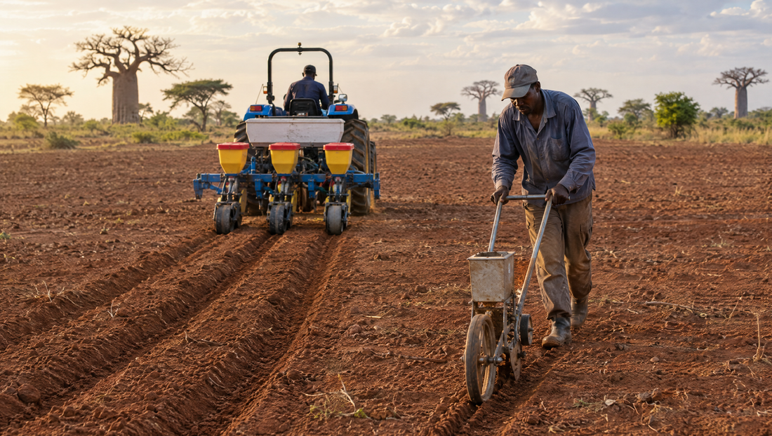 Semis du maïs avec un semoir 3 rangs à engrais derrière un tracteur et semis de l'arachide au semoir manuel à roue, sur une parcelle en Afrique de l'Ouest